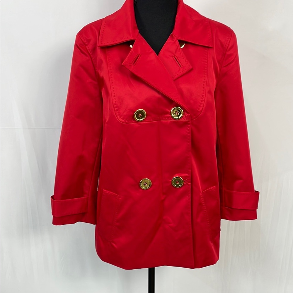NWOT Sharon Young Red Double-Breasted Women's Trench  Rain Jacket, size Large